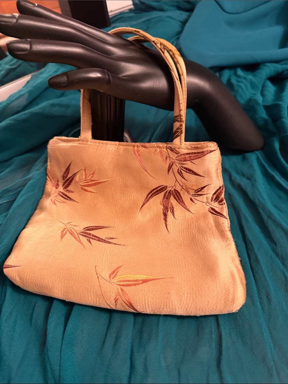 Silk Gold Mini clutch with Asian Inspired Bamboo Motif and Satin Lining